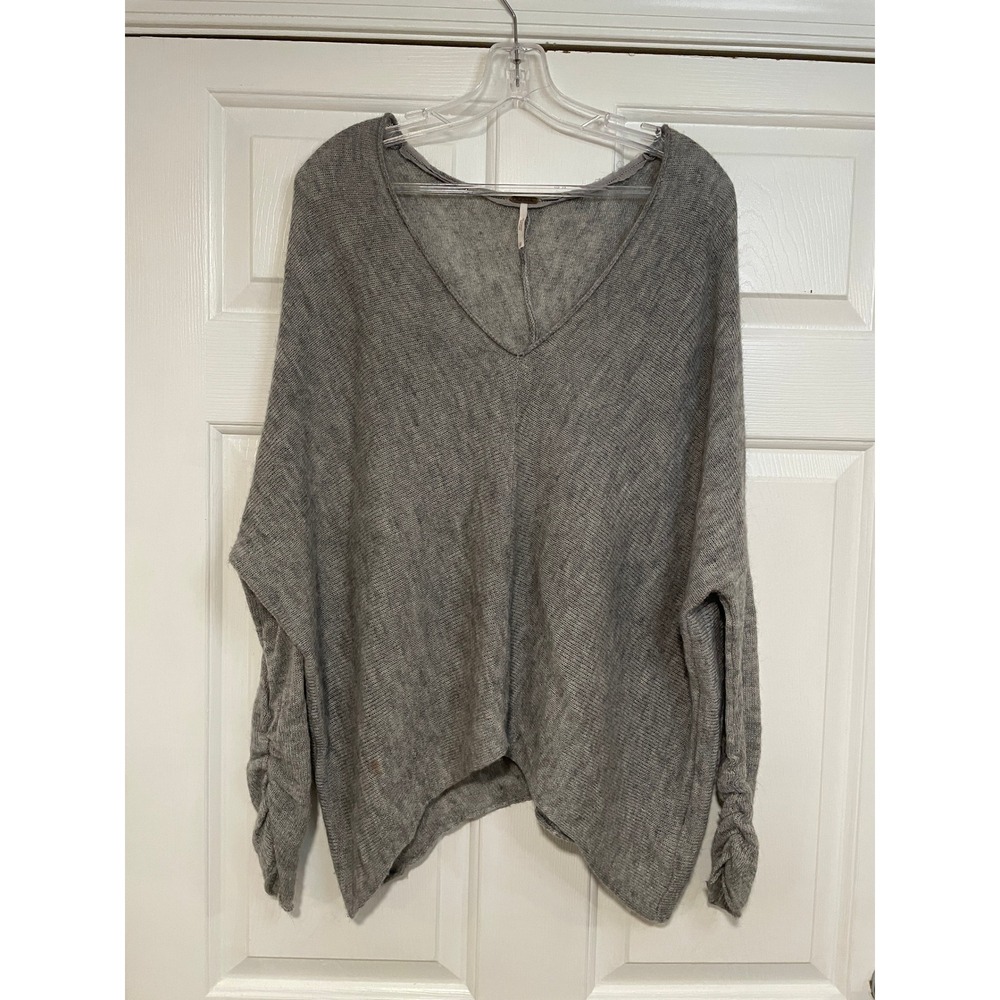 Oversized Women XS Free People Slouchy Gray Scrunch Sleeve Knit Wool Bld Sweater